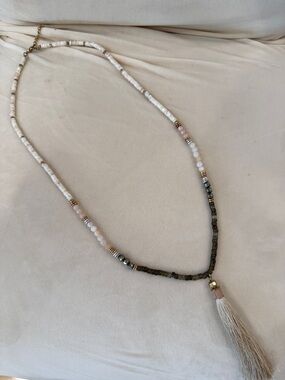 Stella & Dot - Beaded Tassel Necklace in Cream and Olive - Women's Jewelry